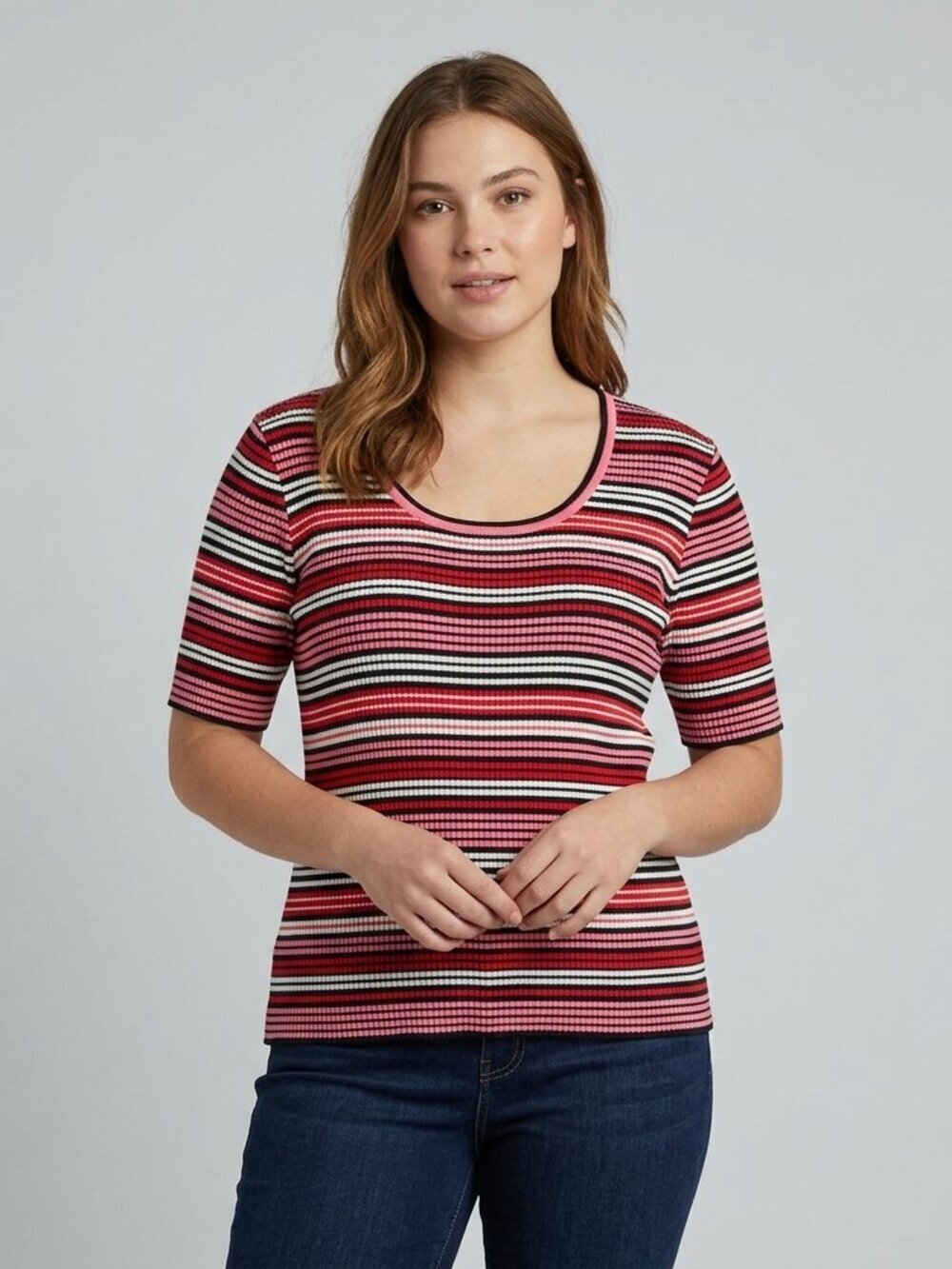 Parkhurst Red and Pink Striped Knit Stretchy Top (Made In Canada)